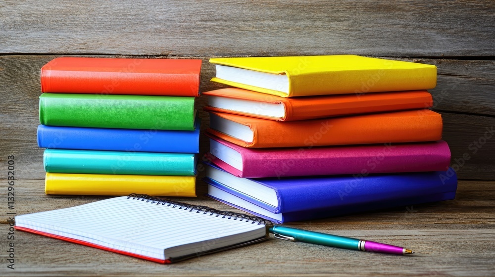 Poster stack of colorful college textbooks placed on a wooden desk with a notebook and pen, representing ac