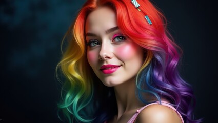 Naklejka premium Vibrant Rainbow Hair Woman Colorful Wavy Hairstyle Portrait