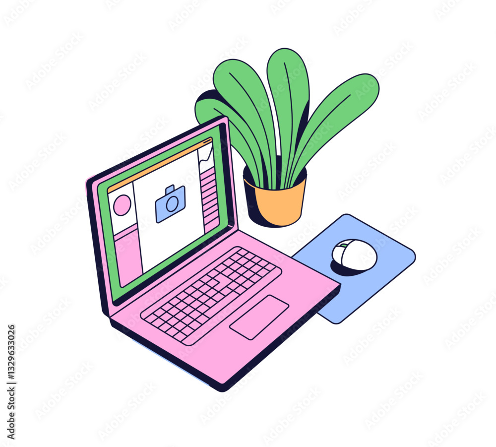 Fototapete icon of workplace with houseplant. portable computer with mouse and pad. photographic software on pc