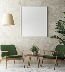 Modern living room with green chairs, coffee table, and blank frame.