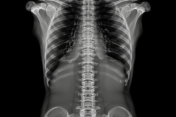 Medical X-ray showing detailed view of human spine and ribcage against a black background