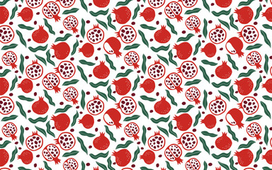 Red pomegranate seamless background on white background, fruit seamless background for packaging, covers, textiles, wallpaper