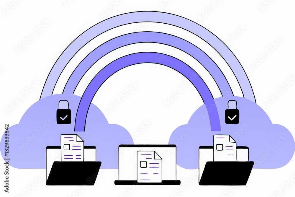 Aufkleber a digital illustration of cloud computing, featuring laptops and a rainbow, symbolizing secure data 