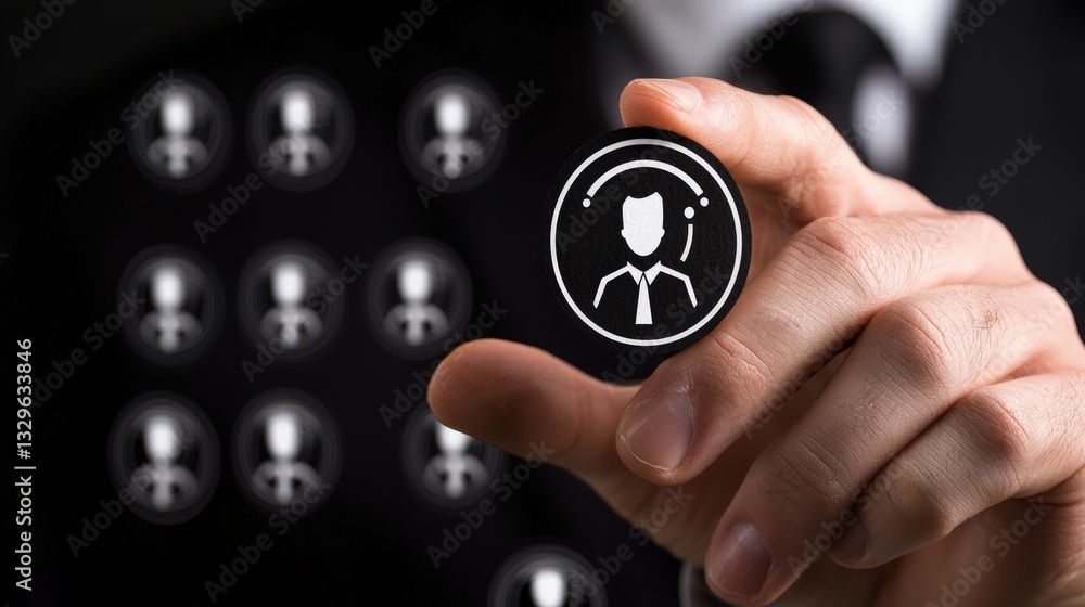 Poster person gripping a large button symbolizing interaction and engagement in a digital environment