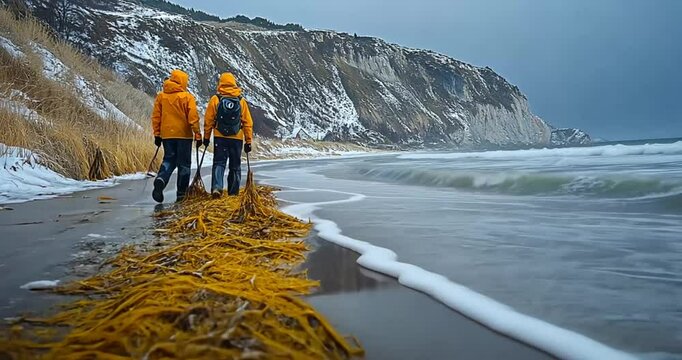 Two hikers walking on snowy beach with kelp