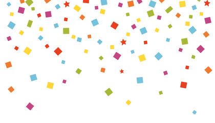 Colorful confetti cascade on white background, celebration spirit