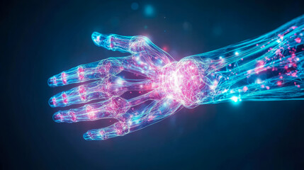 Radiant Scan: An anatomical illustration of a human hand revealing intricate details of bone structure, tissue network, and biological system