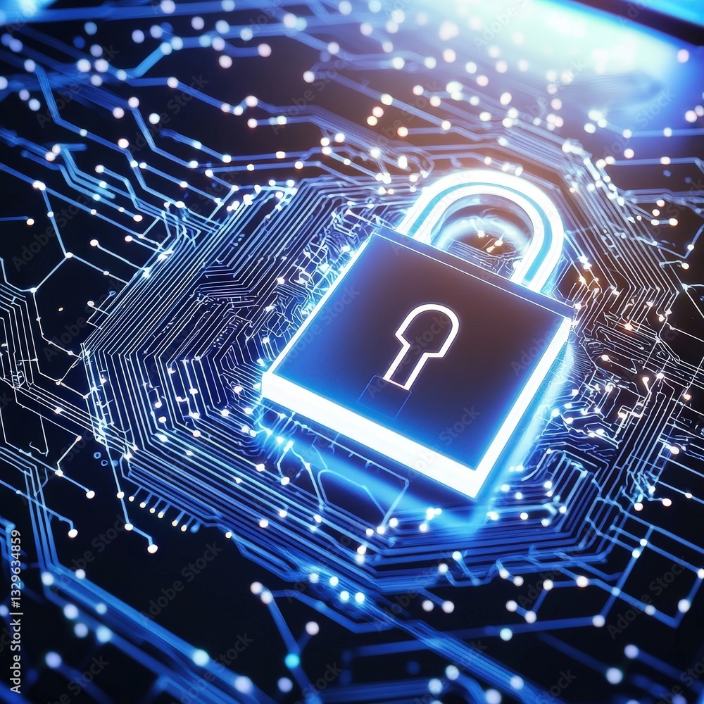 Poster high-tech padlock on circuit board representing security and protection in digital technology enviro