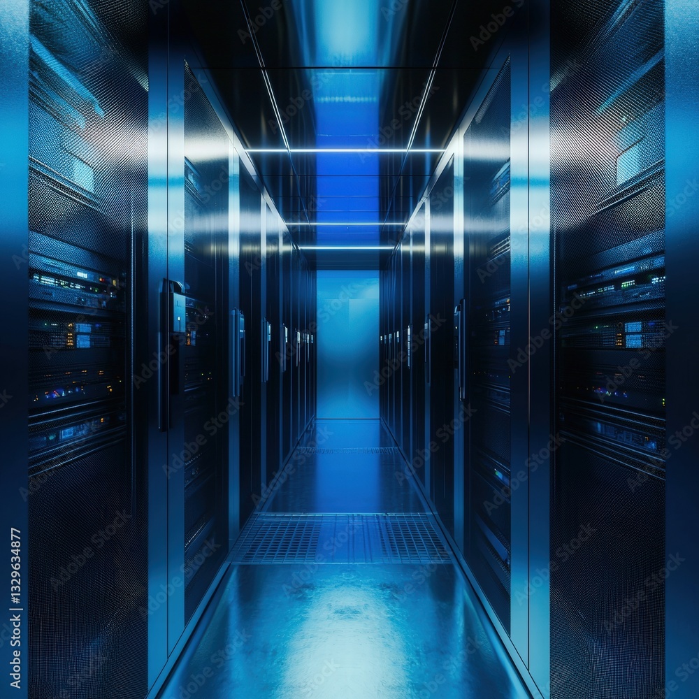 Poster advanced server room with rows of servers and high-tech equipment for data management and storage so