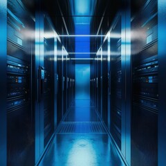 Fototapeta premium Advanced server room with rows of servers and high-tech equipment for data management and storage solutions