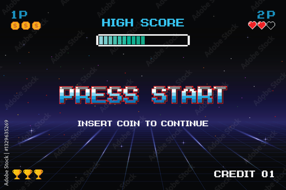Poster press start. insert a coin to continue. pixel art. 8 bit game. retro futurism sci-fi background. glo