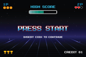 PRESS START. INSERT A COIN TO CONTINUE. pixel art. 8 bit game. Retro Futurism Sci-Fi Background. glowing neon grid. and stars from vintage arcade computer games