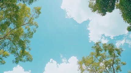 Lush green trees under a clear blue sky with fluffy white clouds in a serene natural landscape