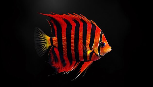 Vibrant flame angelfish showcasing striking red and black colors in a tranquil underwater scene, exemplifying the beauty of marine life. Beautiful fish.