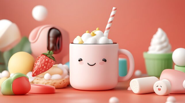 Adorable 3D Render of a Whimsical Hot Chocolate Mug and Sweet Treats AI Generated