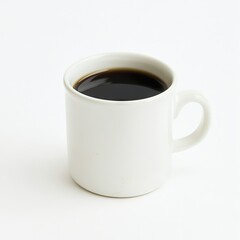 Simple white mug of black coffee on white background; breakfast beverage