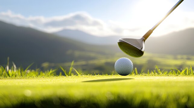 Striking golf ball at sunrise a captivating mountain landscape in outdoor sports photography