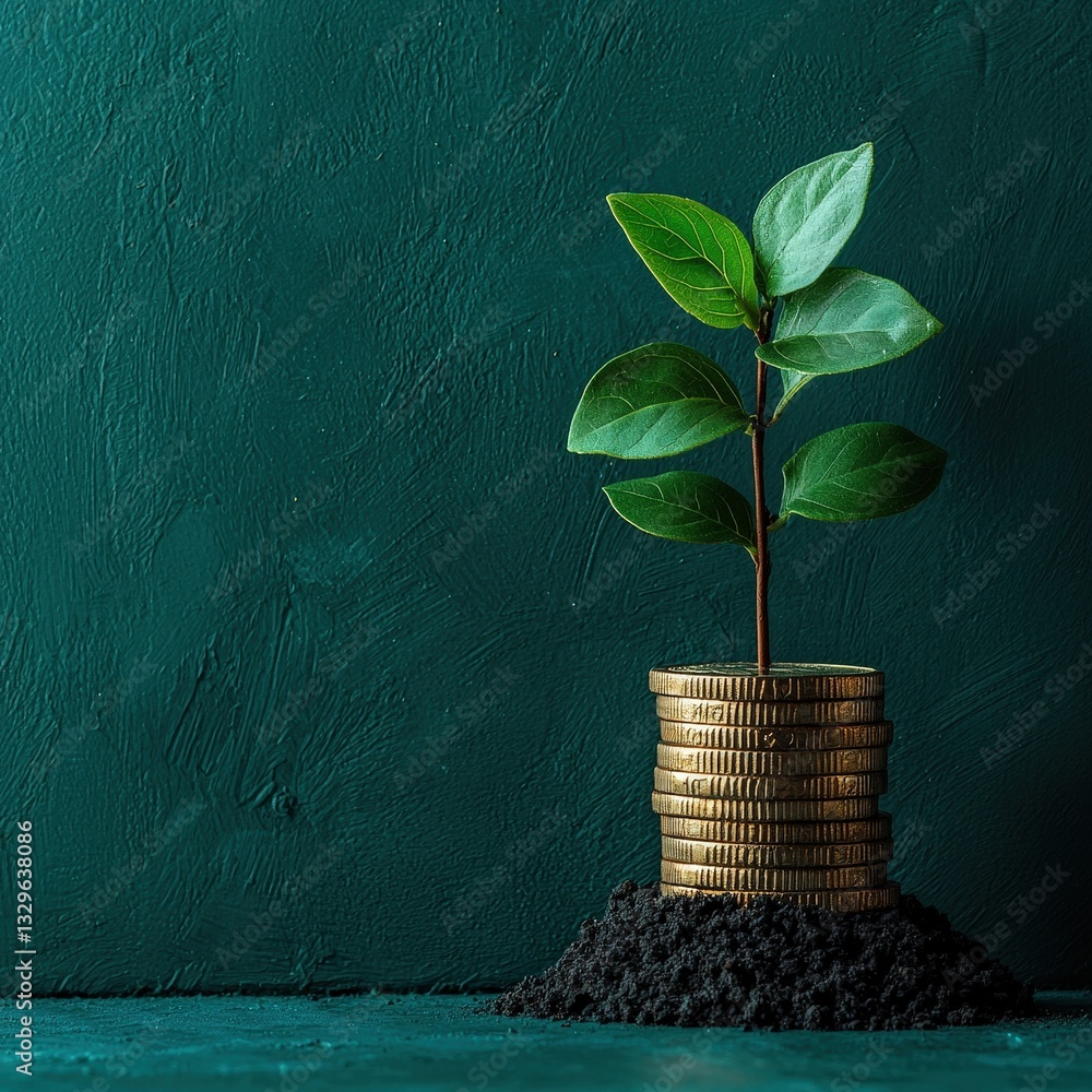 Poster captivating visual of a plant growing from a stack of coins highlighting the connection between natu
