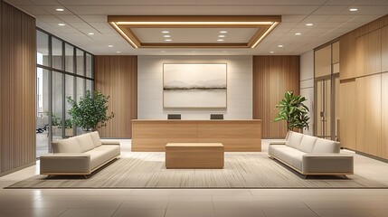 Fototapeta premium Modern and Elegant Reception Area with Minimalist Design and Natural Elements in a Contemporary Office Space