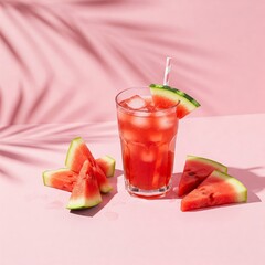 Summer Refresh: Tropical Watermelon Drink and Fresh Slices on a Vibrant Pink Background