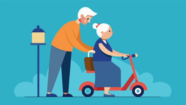 A kindhearted senior citizen lending his scooter to a tired young mother making her day a little easier.. Vector illustration