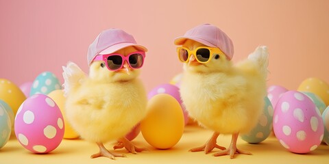 cute young fluffy Easter chick baby with cap and sunglasses