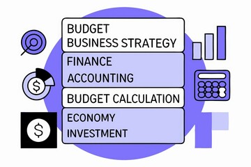 A graphic representation of financial concepts including budgeting, investment, and accounting strategies with icons and text.