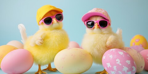 cute young fluffy Easter chick baby with cap and sunglasses