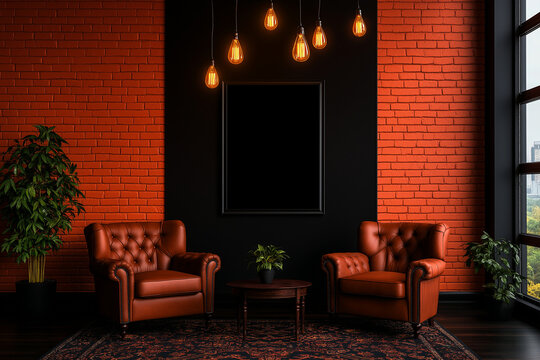 Luxurious interior of industrial loft featuring two brown leather chairs, round table, and hanging light bulbs against red brick wall. cozy atmosphere is created with plants and blank frame