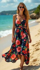 A vibrant floral print sundress with spaghetti straps and a flowing skirt, clothing, fashion, isolated