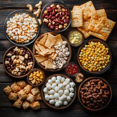 Assorted snacks in bowls on wooden table.