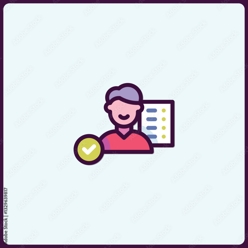 Poster user profile verification process icon with checkmark and data presentation