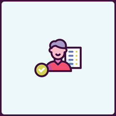User profile verification process icon with checkmark and data presentation