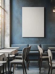 Wall art mockup in a modern cafe with a blank canvas on the wall. The cafe has blue and grey hues. 
