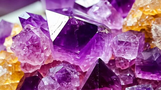 Colorful assortment of amethyst and citrine crystals displayed in natural setting