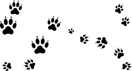 Different animal paw. Paw prints silhouette. Footprints dog and cat with claw. Imprint legs isolated on white background. Vector illustration.
