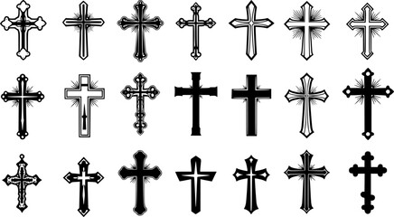 Cross set vector Illustrations on white background. Christian cross collection. Cross silhouette. Christian symbol.
