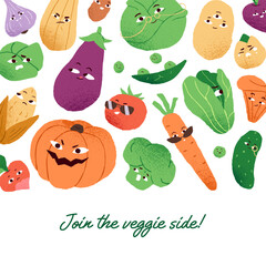 Template with place for text and border with vegetable characters. Design of card with comic farm food with funny faces. Cute broccoli, pumpkin, cabbage, tomato, green pea. Flat vector illustration