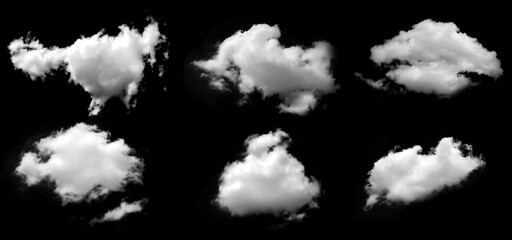 Set white clounds, The cloud is divided into several parts on black background, Multiple unique...