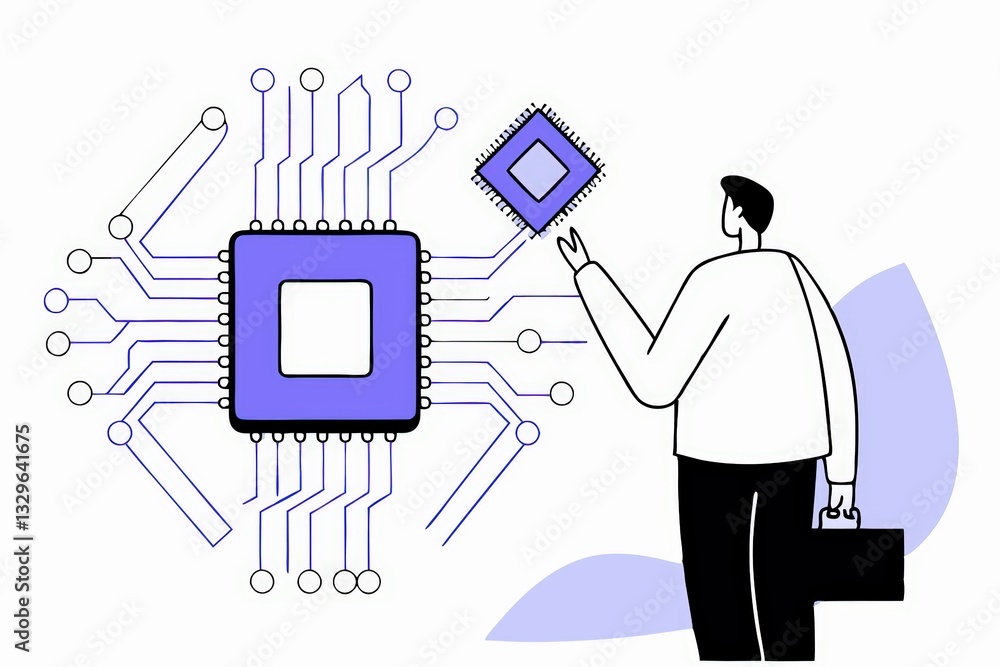 Poster a man holding a microchip stands in front of a larger microchip graphic, symbolizing technology and 