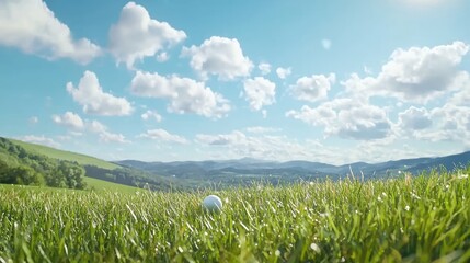 Golf ball teetering on the edge of a hole sunny golf course sports photography dramatic sky close-up view