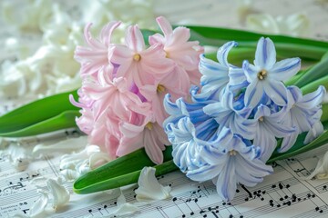Delicate pastel hyacinth flowers in pink and blue hues on a vintage sheet music background symbolize spring s beauty and freshness, perfect for floral enthusiasts and music lovers