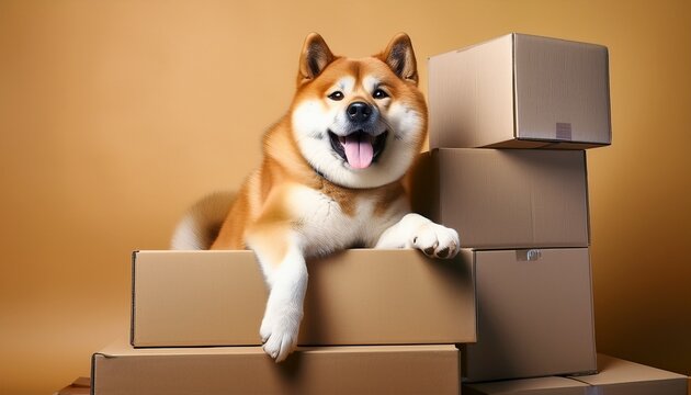 Ein s&uuml;&szlig;er Akita mit flauschigem Fell und heraush&auml;ngender Zunge thront auf einem Stapel von Paketen.