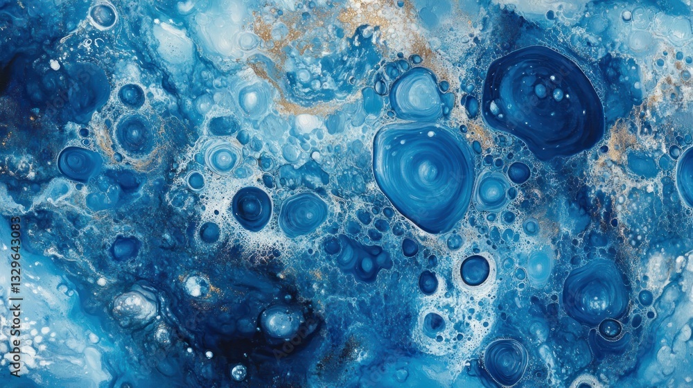 Poster a fluid-like cluster of blue bubbles, forming unique textures and patterns in an abstract style.