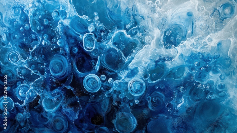 Poster a fluid-like cluster of blue bubbles, forming unique textures and patterns in an abstract style.