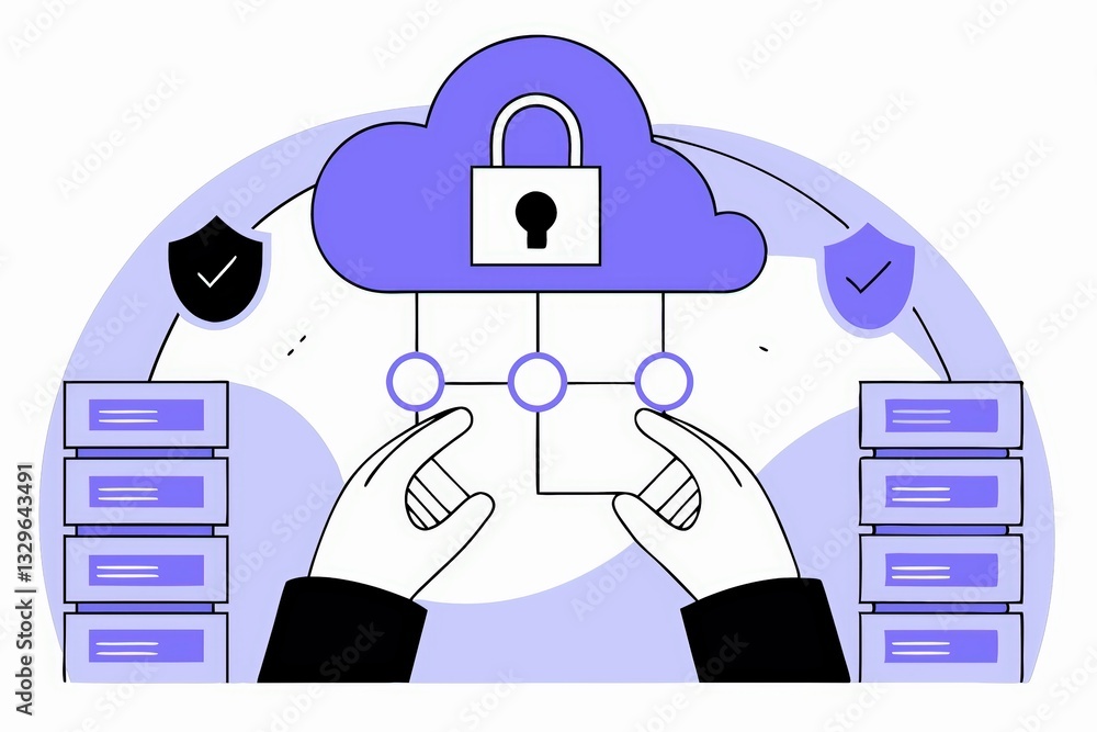 Poster a graphic illustrating cloud security, featuring hands connecting to a secured cloud with a padlock,