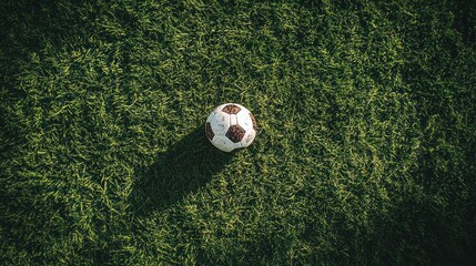 A football placed on a grass field, ready for the next play.