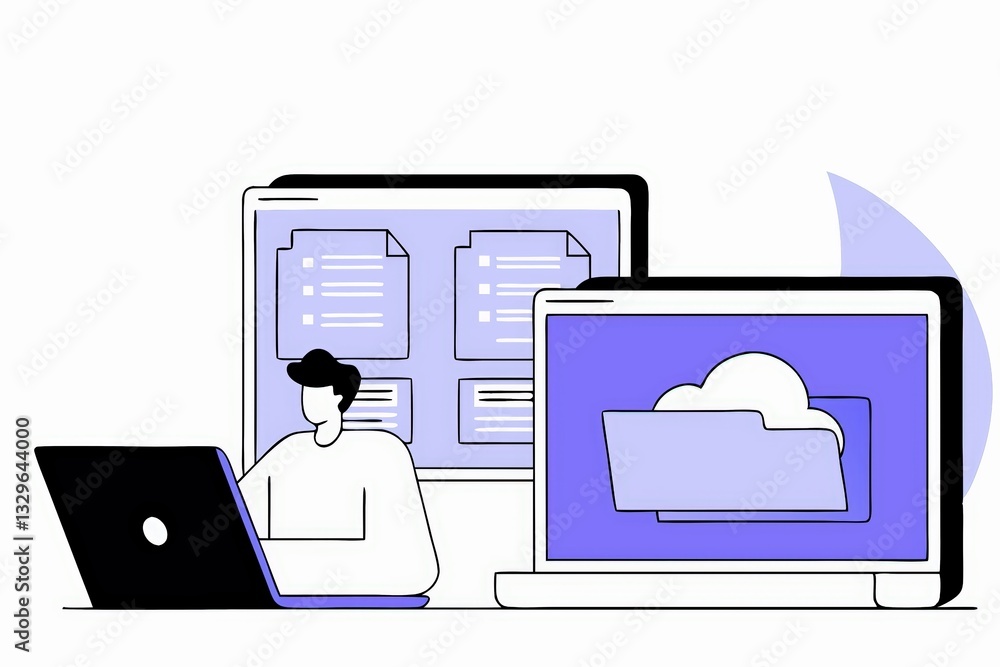 Poster a person works on a laptop, surrounded by two large computer screens displaying document files and c