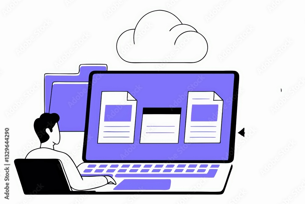 Poster a person sits at a computer, accessing files stored in the cloud, represented by a cloud icon above 