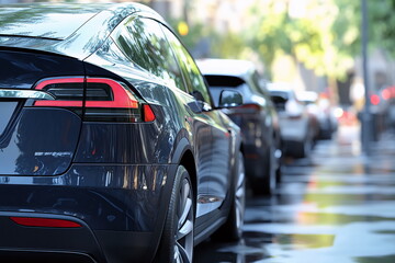 Parked electric vehicles on a rainy city street showcasing modern automotive design and eco-friendly technology